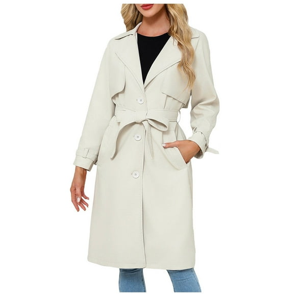 BYHONG Women's Windbreaker Long Loose Jacket PU Leather Jacket Female OVERSIZE Classic Lapel Jacket with Belt Jackets for Women Coat for Women White M