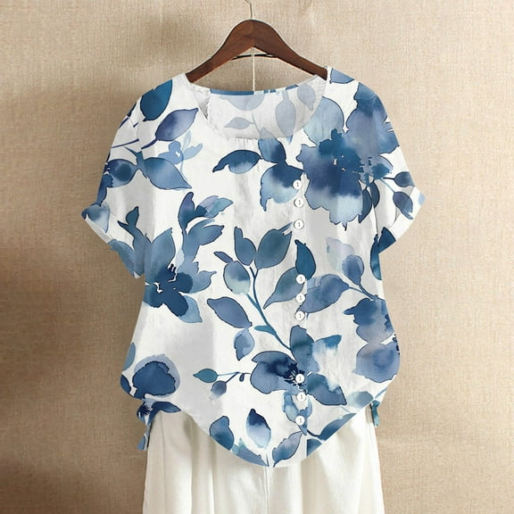 Women's Floral Print Linen Top Short Sleeve Button Front Casual Blouse for Summer Beach Daily Wear Cotton Blend Lightweight Vintage Style