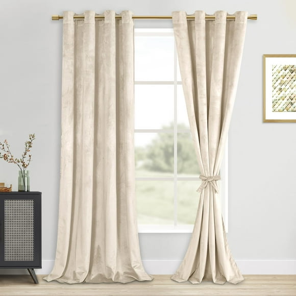 Hiasan Luxury Velvet Curtain with Tie-backs - Blackout Curtains for Bedroom/Living Room, Camel Beige, Grommet, 52" x 84", Set of 2
