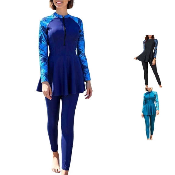 Women's Modest Swimsuit 2-Piece Set Long Sleeve Rash Guard with Pants Conservative for Pool and Beach Wear