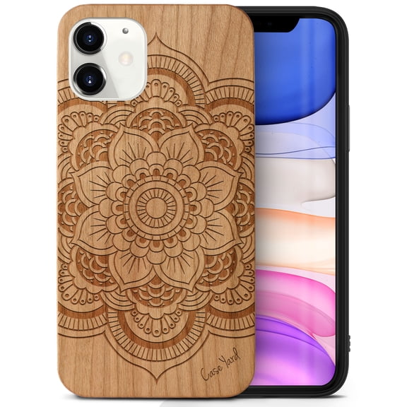 Case Yard Wooden Case Outside Soft TPU Silicone, Slim Fit Shockproof Wood Protective Phone Cover for Girls Boys Men and Women, Supports Wireless Charging Flower Mandala Design case for iPhone-12-Mini