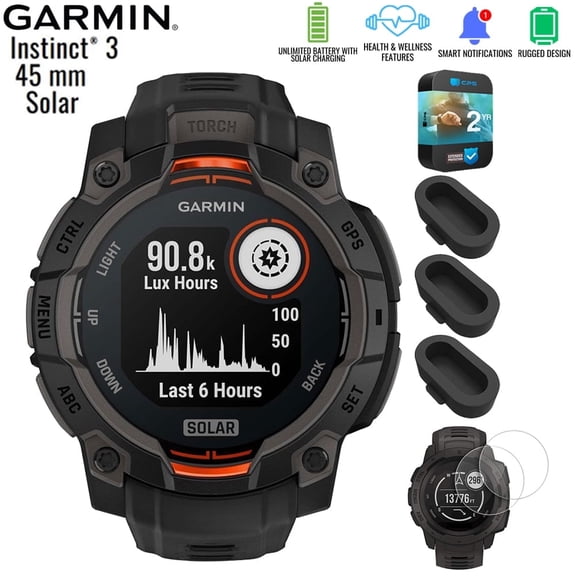 Garmin 010-02934-00 Instinct 3 - 45 mm Outdoor GPS Smartwatch SOLAR Black with Black Band Bundle with Silicone Dust Cover 3 Pack, Screen Protector 2-Pack and 2 YR CPS Enhanced Protection Pack
