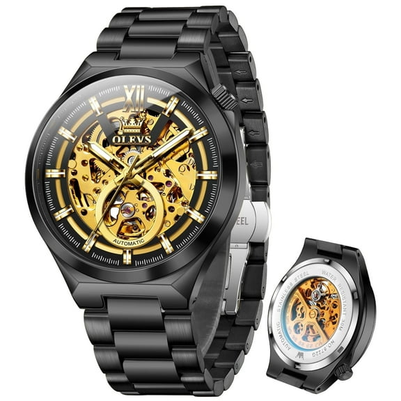 OLEVS Skeleton Watches for Men Luxury Dress Automatic Self Winding Mechanical Gold Plated Stainless Steel Waterproof Luminous Business Men Wrist Watch Reloj Para Hombre