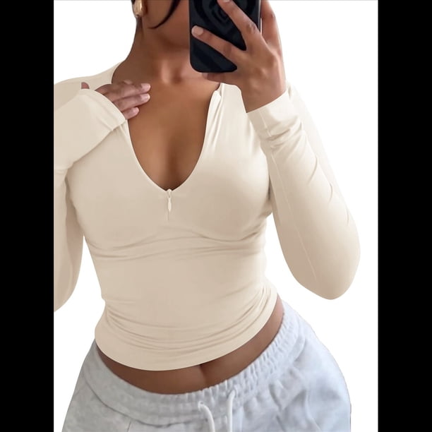Top Corto de Larga con Cuello en V y Cremallera de un Cuarto para Mujer, Moda de Otoño 2025 Colorante de Avena L