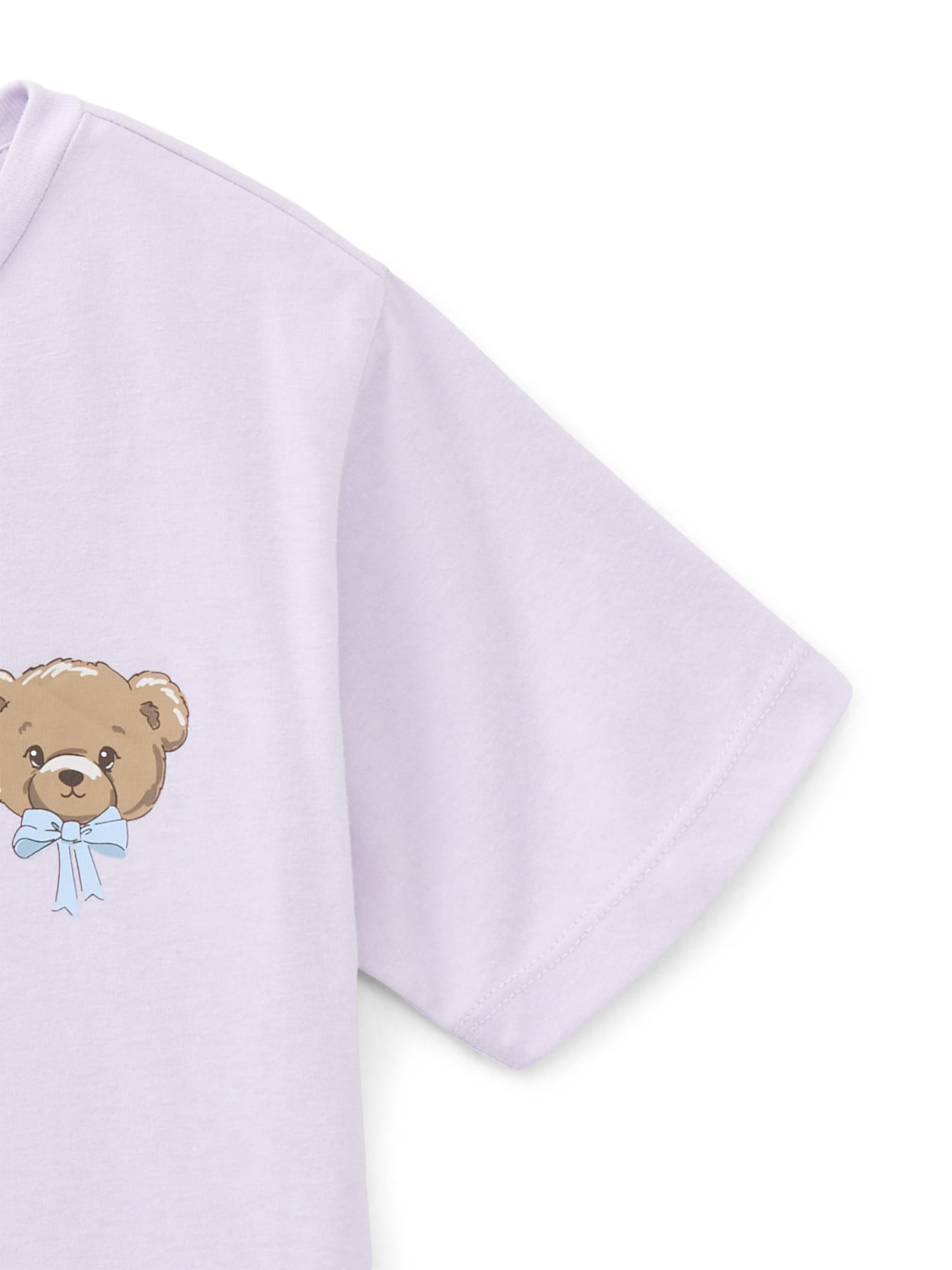 Wonder Nation Girls Teddy Bear Front Back Graphic Tee with Short Sleeves, Sizes 4-18
