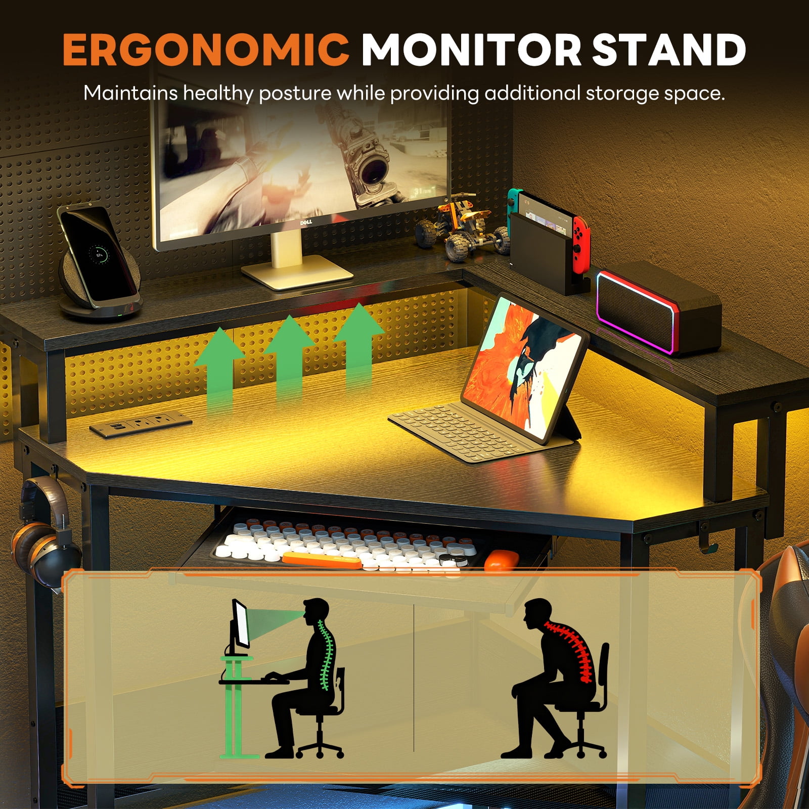 CONCETTA Coner Desk, L-Shaped Computer Desk with Power Outlets, LED Lights, Monitor Stand & Keyboard Tray, Black