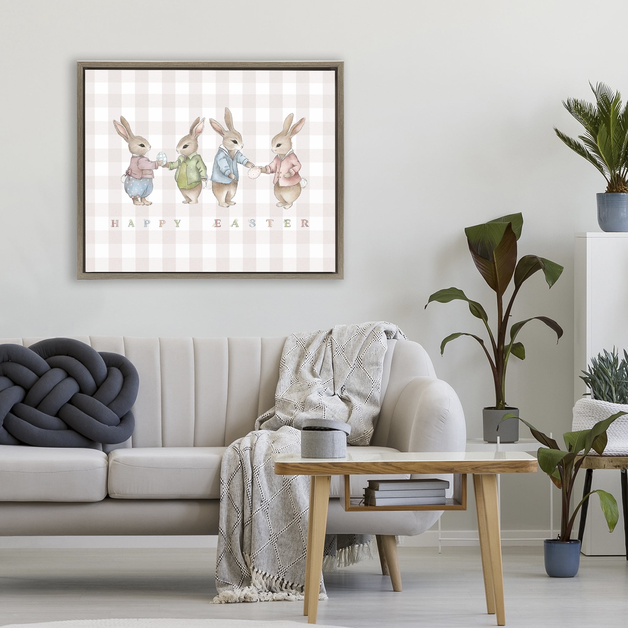 Stupell Industries Easter Bunnies Pink Gingham Brown Framed Floater Canvas Wall Art, design by Leah Straatsma