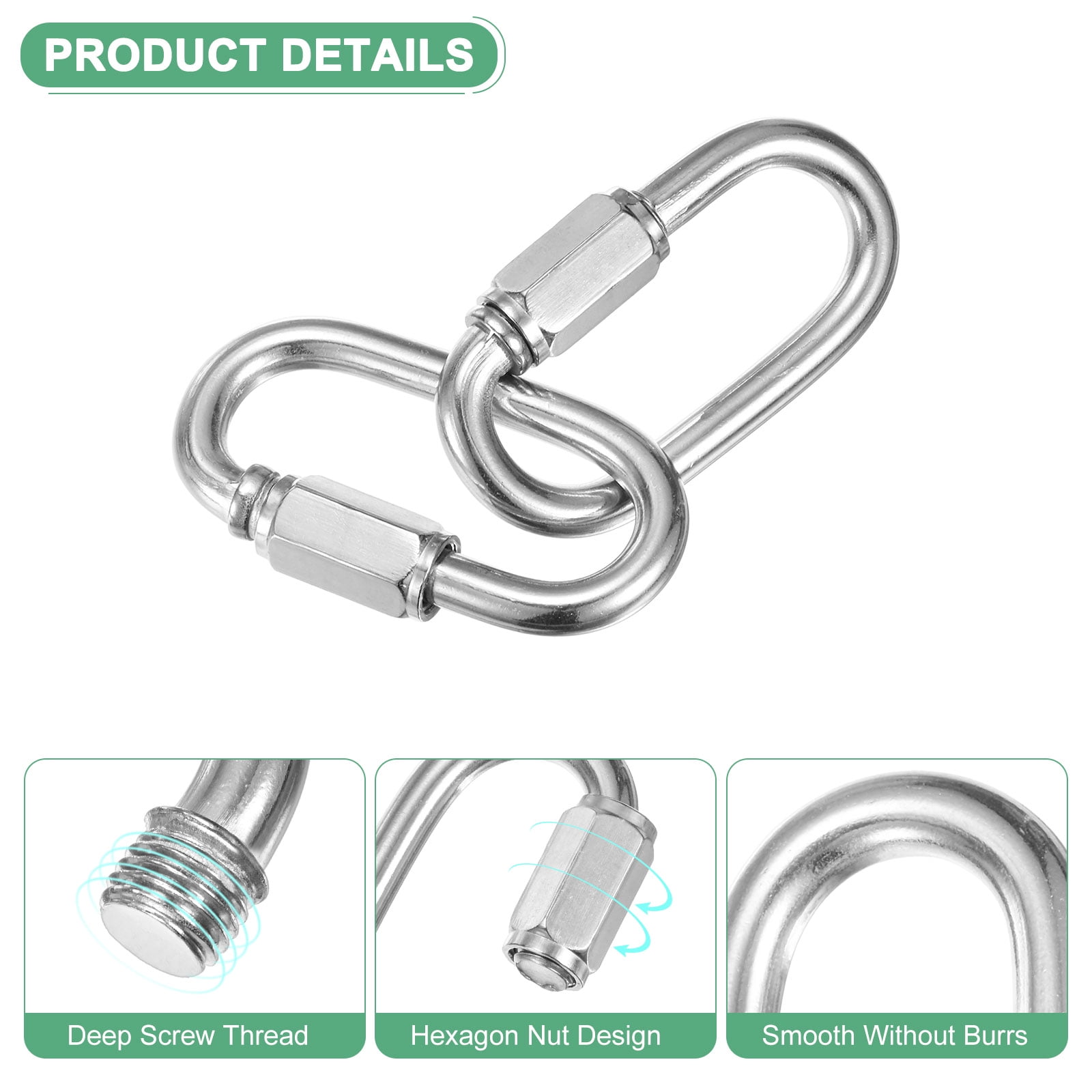 12-Pack Quick Chain Link Connector, M6 1/4 304 Stainless Steel D-Shape Locking Repair Chain Links for Swing/Camping/Hiking/Backpack, Twist Key Ring Screw Chain Link [Silver]