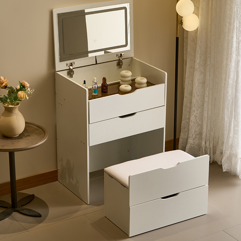 3-in-1 Flip Top Makeup Vanity Desk with 3 Color Light Mirror, Glass Tabletop Storage Drawers Solid Wood Legs, Dressing Table Workstation Nightstand for Bedroom