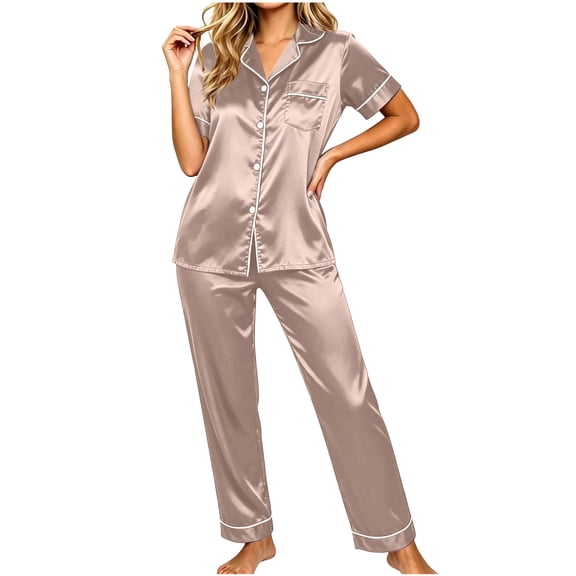 Enjoytime Pajamas for Women 2 Piece Short Sleeve Button Down Shirts Pants Sleepwear Solid Color Comfy Soft Plus Size Lounge Set
