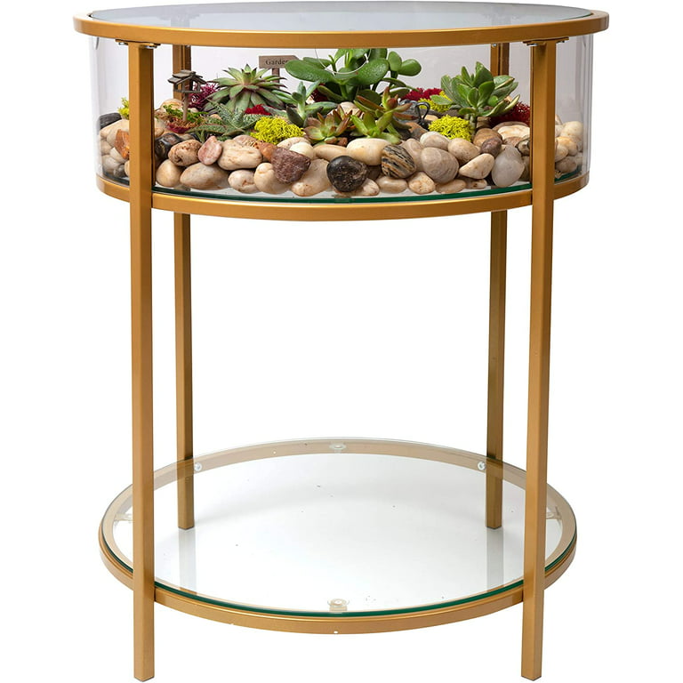 Round Terrarium Display End Table with Reinforced Glass in Gold Iron- 20  Diameter, 26.5 Height