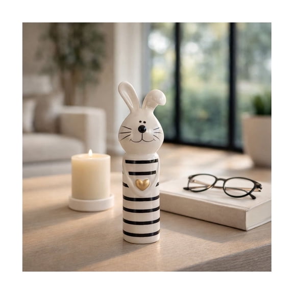 Decorative Ceramic Bunny with Heart Figurine for Home Decor - Animal Sculpture for Bathroom, Office, Room and Living Room Accent -  Ornaments for Shelf or Coffee Table Display - 7", Black & White
