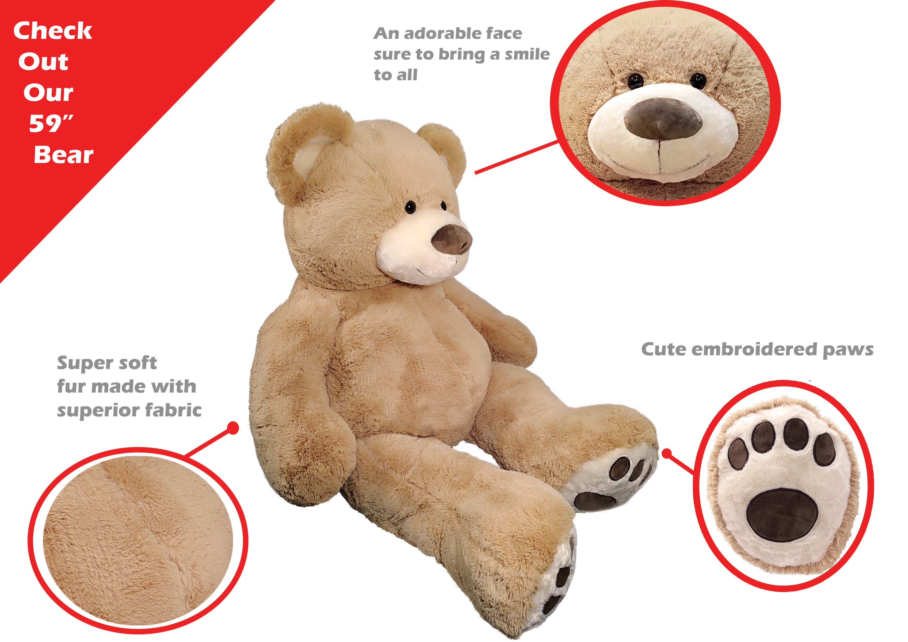 Anico 59" Tall (5 foot) Giant Plush Teddy Bear - Embroidered Paws and Smiling Face!