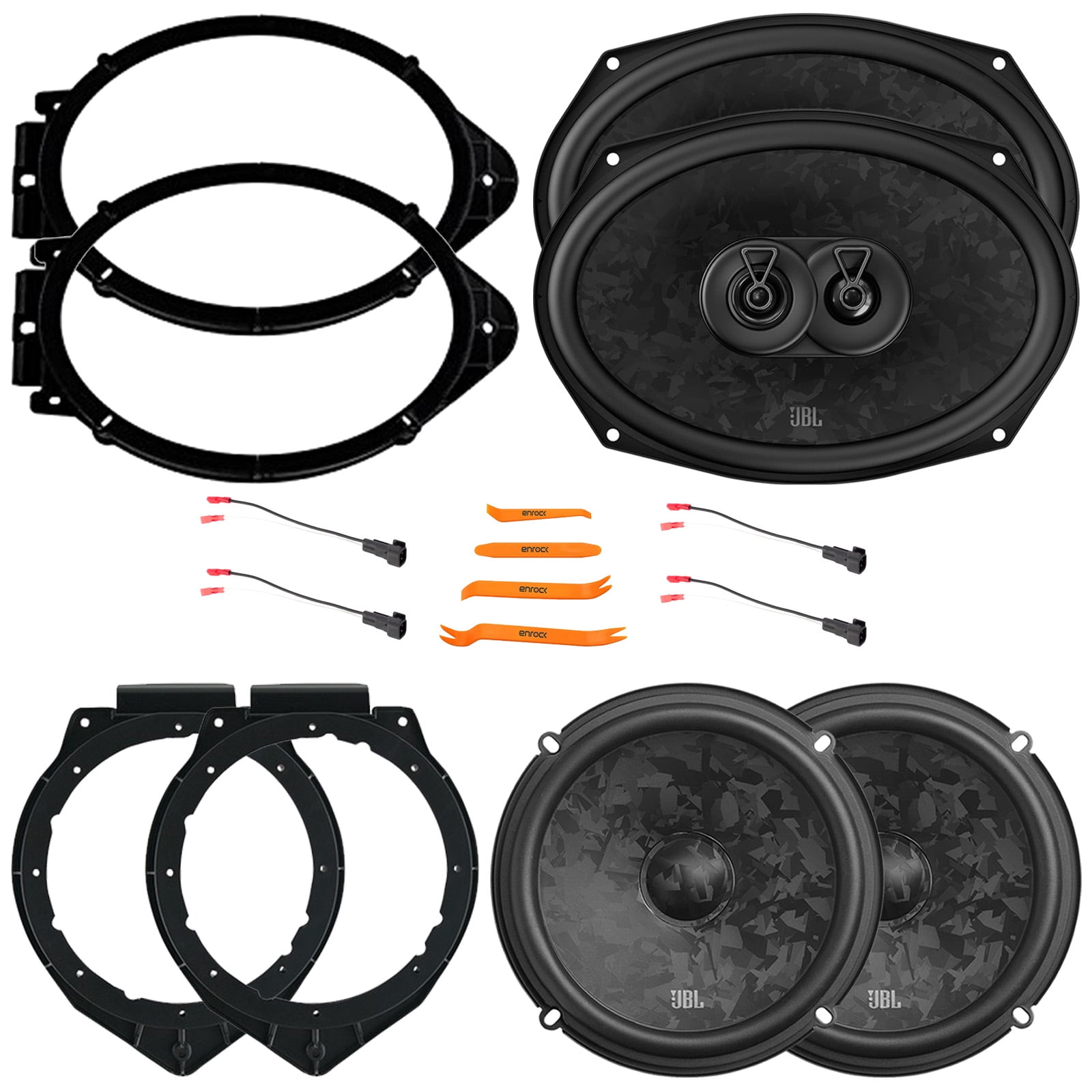 2x JBL Stage3 968MF 6x9" 640 Watt Max Power 3-Way Car Audio Speakers w/Adapters, 2x JBL Stage3 68CF 6.5" 760W Max 2-Way Component Automotive Speakers w/Adapters, Speaker Wire Harness, Pry Tool Set