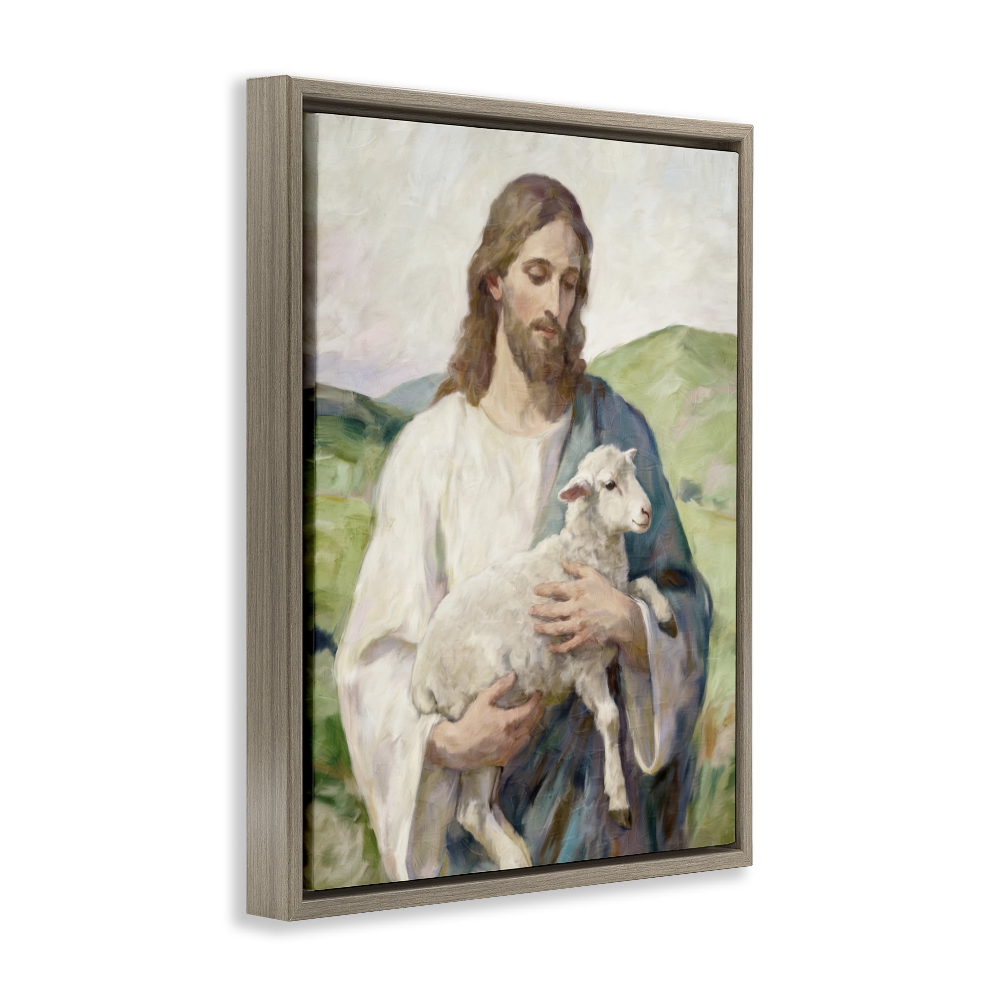Stupell Industries Little Lamb & Spiritual Figure Brown Framed Floater Canvas Wall Art, design by Kim Allen