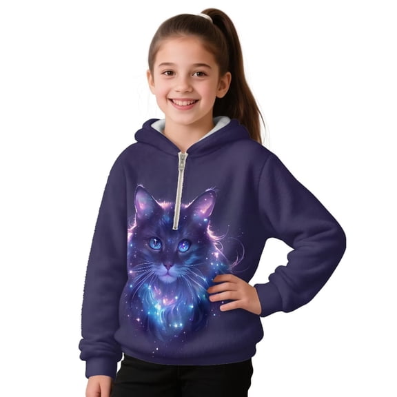Pzuqiu Cat Girls Sweaters Comfortable Warm Girls Sweatshirts Size 4-5 Stretchy Casual Hooded Sweatshirt Kids Soft Fall Outerwear Versatile for Kids and Toddlers