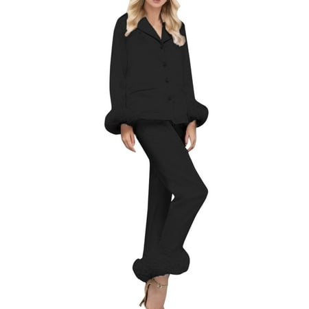 

Simu Silk Pajamas for Women Women Fe Ather Two Piece Suit Long Sleeve Solid Color Button Tops+Long Pants 2 Piece Sleepwear Winter Set