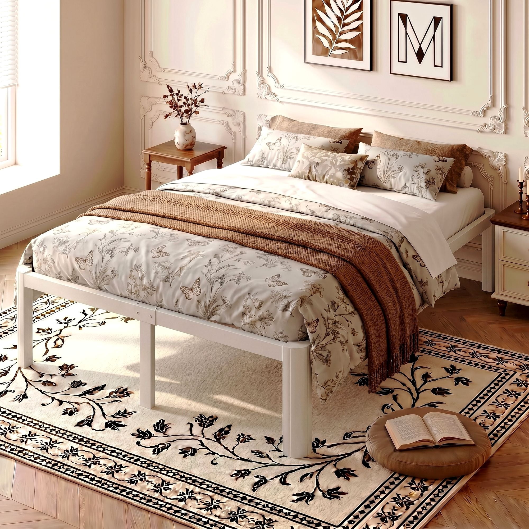 Einfach Queen Bed Frame, Platform Metal Bed with Ample Under-Bed Storage Space, Upgraded Curved Bed Feet, 3500 LBS Capacity, White