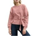 thumbnail image 2 of CQONEPT Women's Sweatshirts Tie Front Crewneck Pullover Tops Color Block Raglan Sleeve Tunic Tops Fall Winter Clothes Pink M, 2 of 6