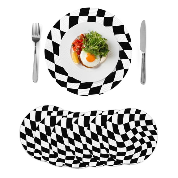 Black and White Checkered Round 15 Inch Placemats Set of 6, Modern Irregular Geometric HeatResistant Non Slip Place Mats for Dining Table, Wipeable Braided Kitchen Table Mats for Housewarming