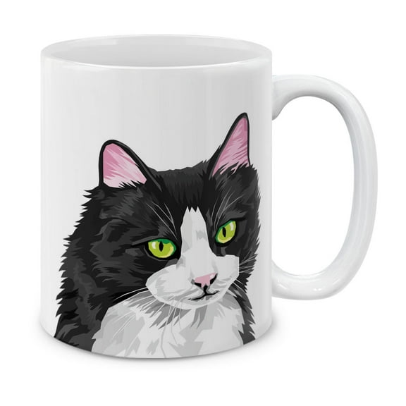 MUGBREW 11 Oz Ceramic Tea Cup Coffee Mug, Black White Tuxedo Cat Vector Portrait