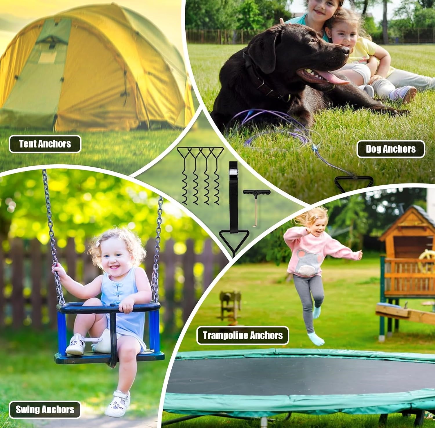 Meilimei 4-Pack Corkscrew Shape Steel Trampoline Stakes Anchors, Heavy-Duty Spiral Ground Anchors Kit with Straps, Black Galvanized Windproof Stabilizers for Trampoline, Outdoor Tent, Canopy Security