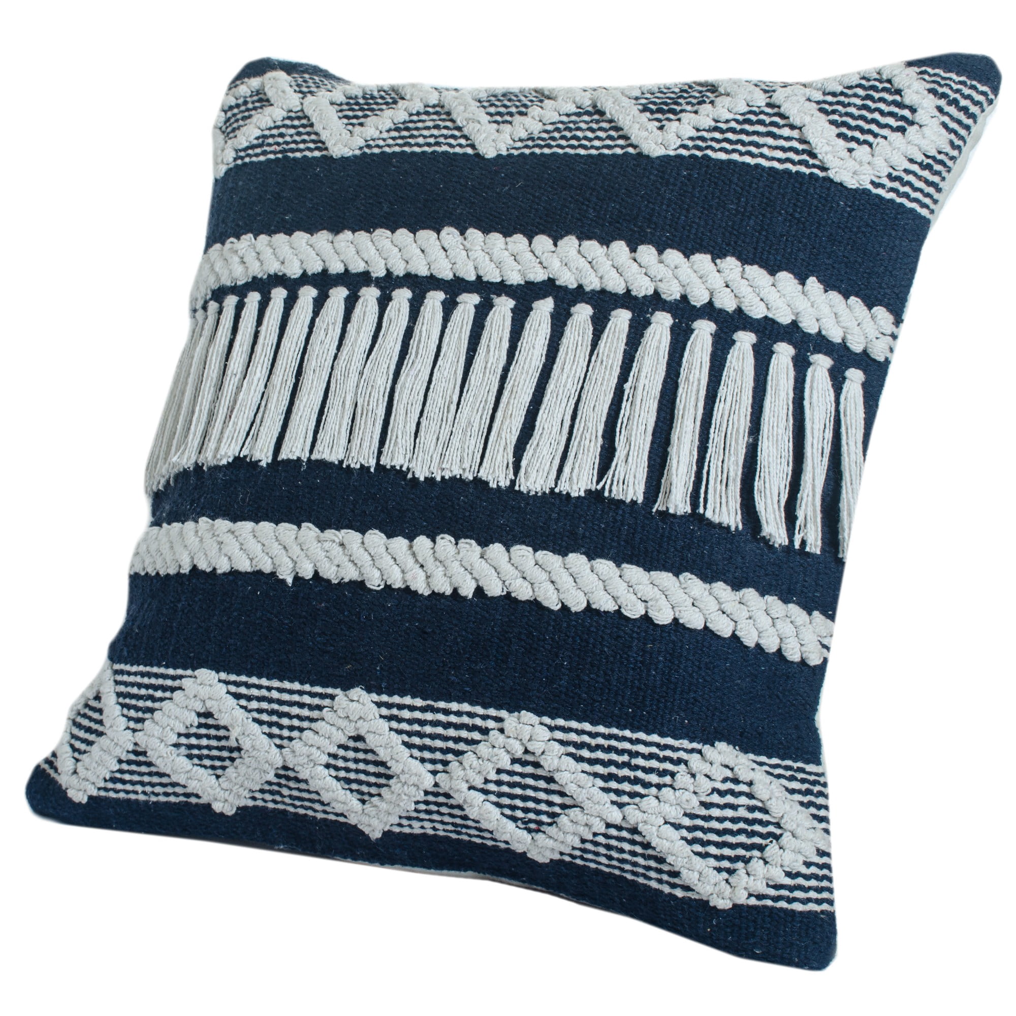 Laddha Home Designs Handwoven Diamond Striped Cotton Throw Pillow Cover - 20" - Blue and White