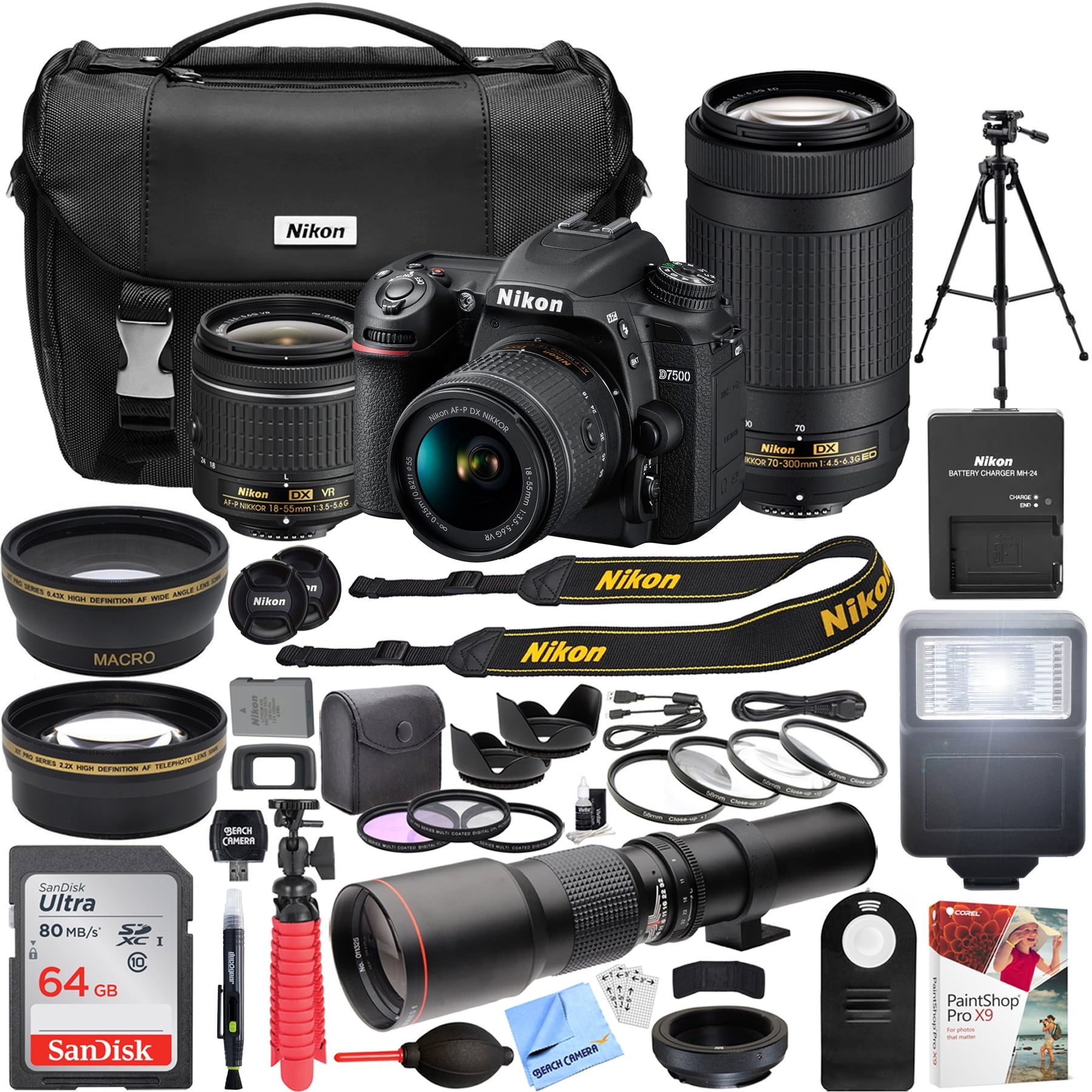 Nikon D7500 4K Ultra HD DSLR Camera with AF-P DX 18-55mm f/3.5-5.6G VR and  70-300mm f/4.5-6.3G ED Dual Zoom Lens Kit + 500mm Preset f/8 Telephoto Lens  ...