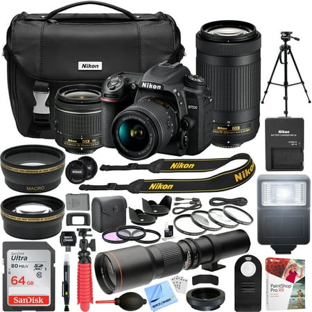 Nikon D7500 4K Ultra HD DSLR Camera with AF-P DX 18-55mm f/3.5-5.6G VR and 70-300mm f/4.5-6.3G ED Dual Zoom Lens Kit + 500mm Preset f/8 Telephoto Lens + 0.43x Wide Angle, 2.2x Pro Bundle