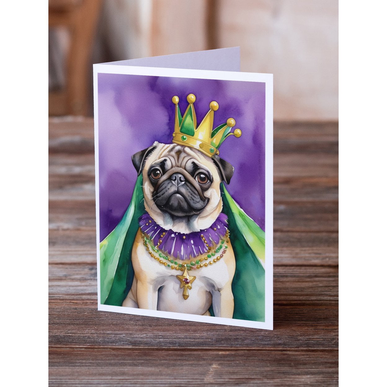 Pug King of Mardi Gras Greeting Cards Pack of 8 7 in x 5 in