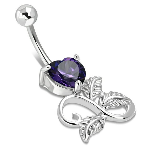 Stainless Steel Spiral Infinity Floral Rose Leaf Heart CZ Charm Dangle Belly Button Navel Ring