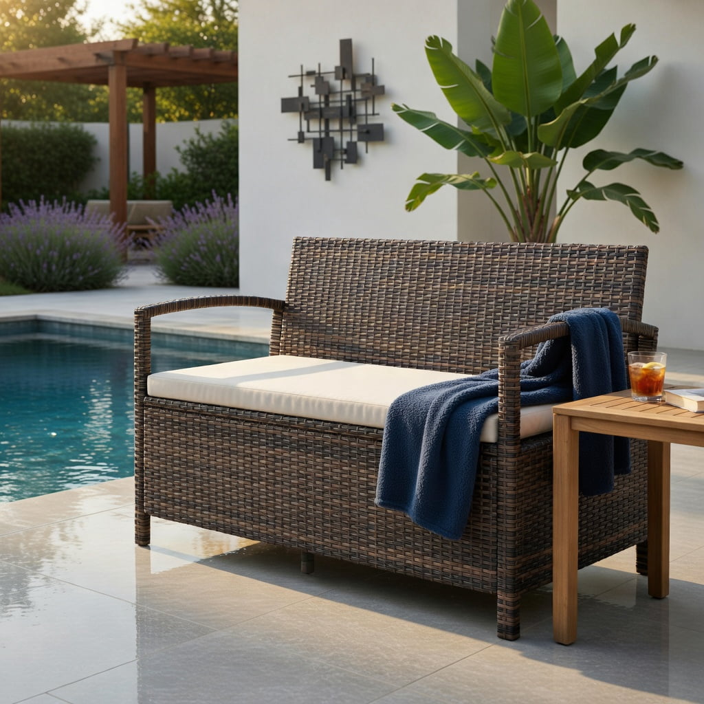 Hommoo Outdoor PE Wicker 2-Person Storage Bench with Beige Cushion, 42-Gallon Waterproof Deck Box for Patio, Garden & Poolside, Natural