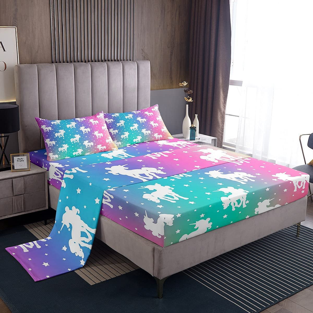 HHHC Girls Unicorn Bedding Sets Queen Size Rainbow Print Bed Sheet Set Tie Dye Pastel Fitted Sheet Flat Sheet for Kids Child Bedroom Stars Girly Sweet 4 Piece Fitted Bed Sheets Colorful