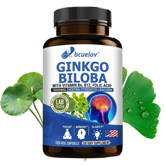 Ginkgo Biloba - with Vitamin B6, B12, Folic Acid - Supports Brain Function & Memory Support - 120 Capsules