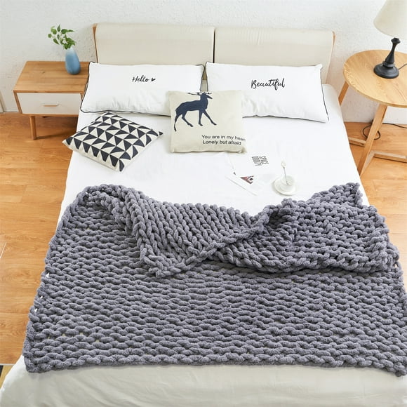 MODENNA Chunky Knit Blanket Throws Chenille Yarn, Hand Knit Throw Blanket Chunky Braided Blanket, Dark Gray, 50"x60"