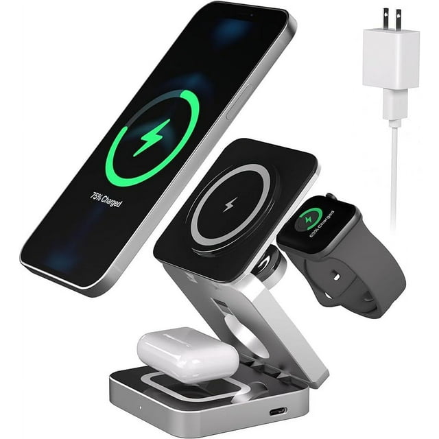 Foluck Estación de carga inalámbrica 3 en 1 para iPhone, cargador inalámbrico magnético ajustable, soporte de carga de viaje plegable para múltiples dispositivos para iPhone 15/14/13/12 Series, AirPod