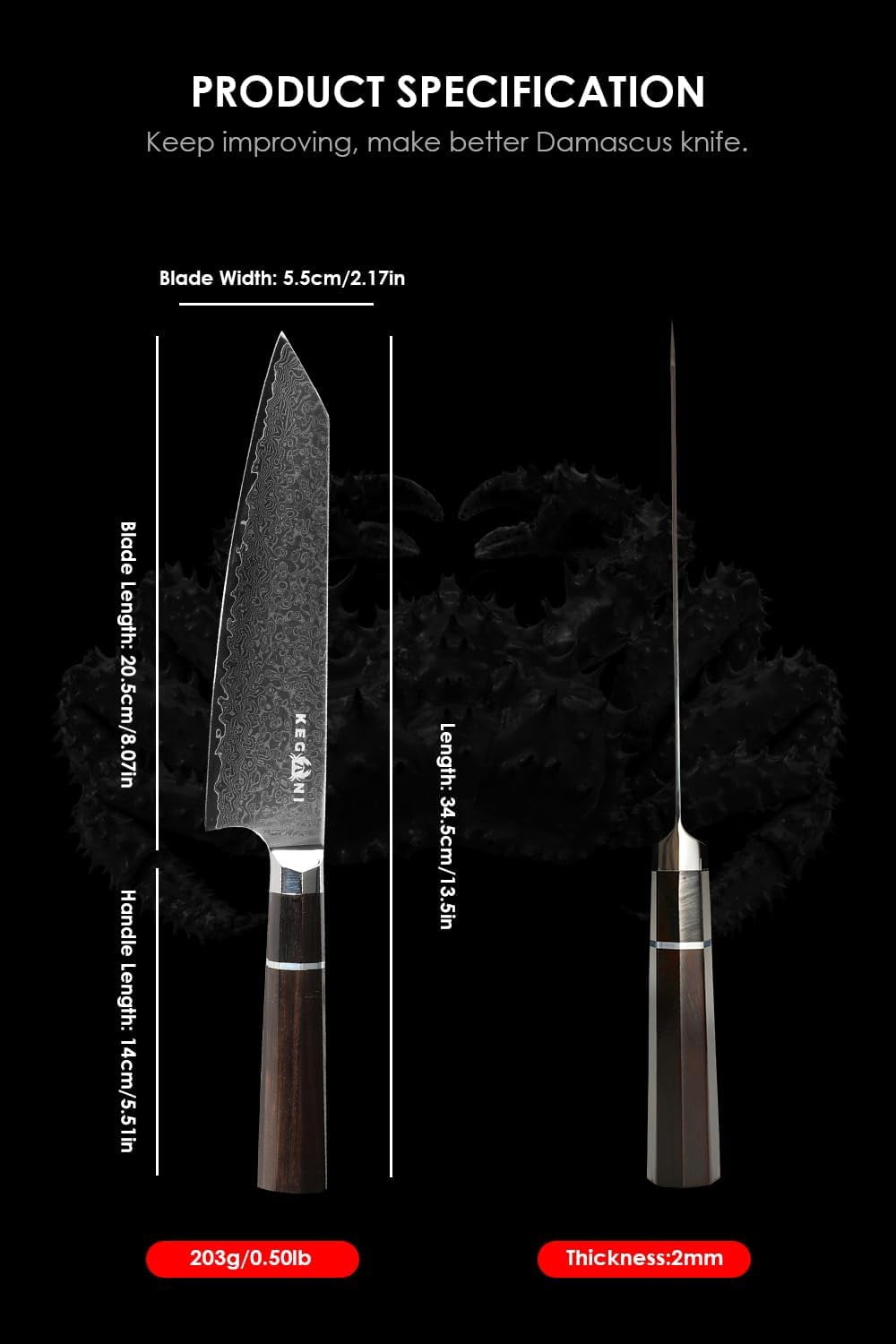 KEGANI 8" Japanese Kiritsuke Chef Knife, Japanese 67 Layers VG-10 Damascus Knife, Ebony FullTang Handle Natural Texture Japanese Knife Sushi Knife Gyuto Knife