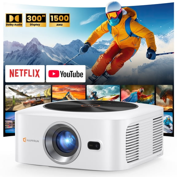 HAPPRUN 1500 ANSI Lumens Smart Projector with Built-in Streaming Apps, 4K Decoding Movie Projector with WiFi & Bluetooth, Dolby Audio, Auto Focus & Keystone, Outdoor Projector for Home Theater