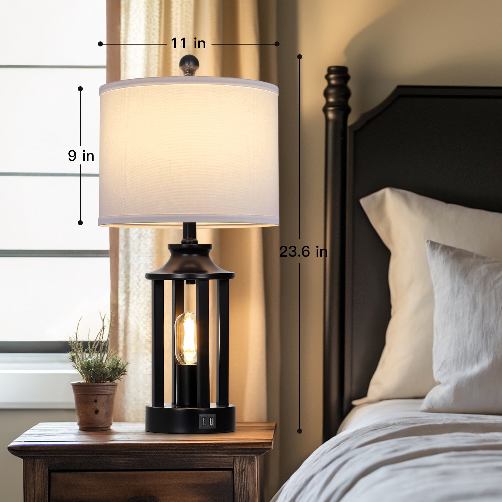 Cinkeda Modern Table Lamp Set of 2 with USB Ports 3 Way Dimmable Nightlight Industrial Black Bedside Lamps for Bedroom Living Room