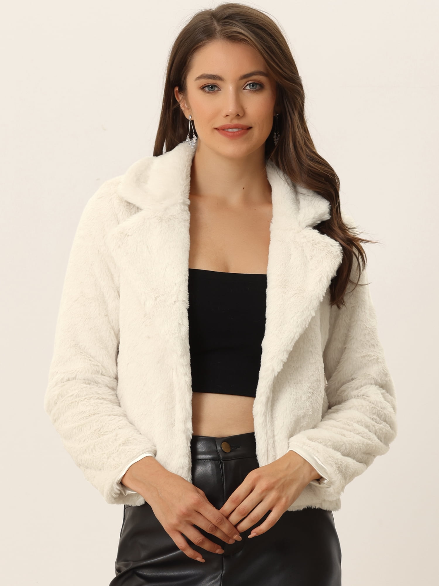 DARING DIVA Women's Cropped Notch Lapel Faux Fur Fluffy Coat L Apricot