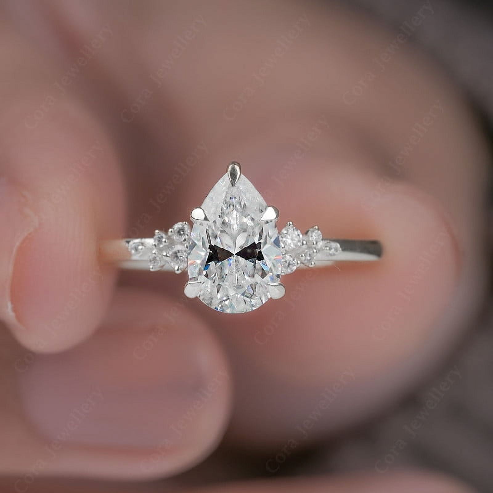 Cora Jewellery 1.25TCW Snow Drift Pear Moissanite Engagement Ring for Women, 10K White Gold, 7.5 US