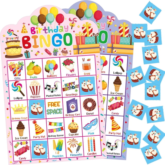 Juego de bingo Fancy Land Birthday para 24 jugadores con tarjetas y fichas