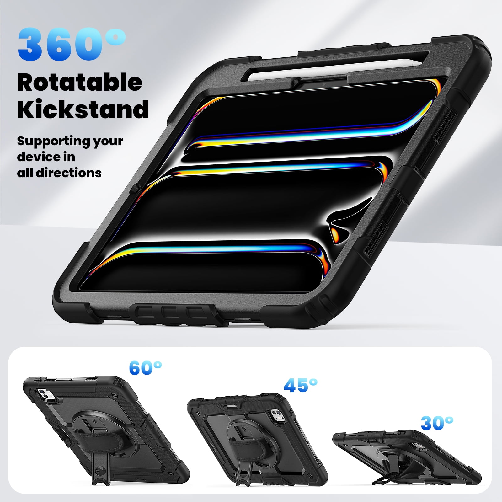 Allytechgroup Rugged Shockproof Case for Apple iPad Pro 11 Inch M4 2024, [Build in Screen Protector] Protective Hand Strap Kickstand [Shoulder Strap] Pencil Holder Kids Friendly Case Cover,Black