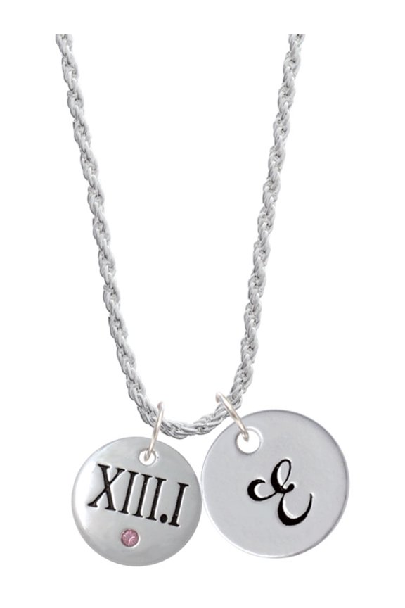 Silvertone Half Marathon with Pink Crystal Roman Numeral Silvertone Script Initial Disc - E - Charm Necklace, 20"+3"