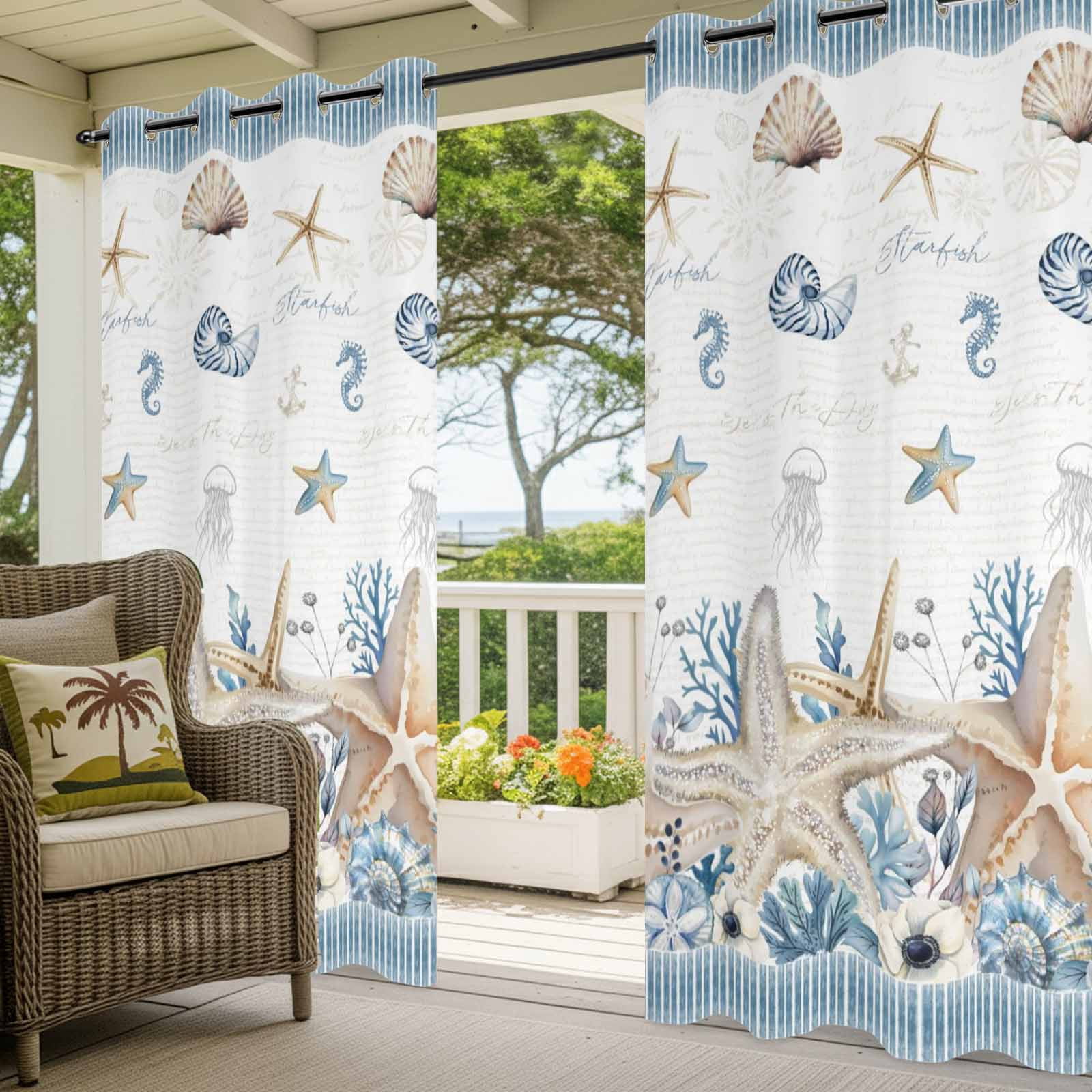 Summer Ocean Outdoor Curtains for Patio, Nautical Sea Starfish Seashell Coral Seahorse Blue Stripe Sunshade Privacy Drapes Grommet Waterproof Outside Curtains for Porch Balcony 54"x108", 1 Panel