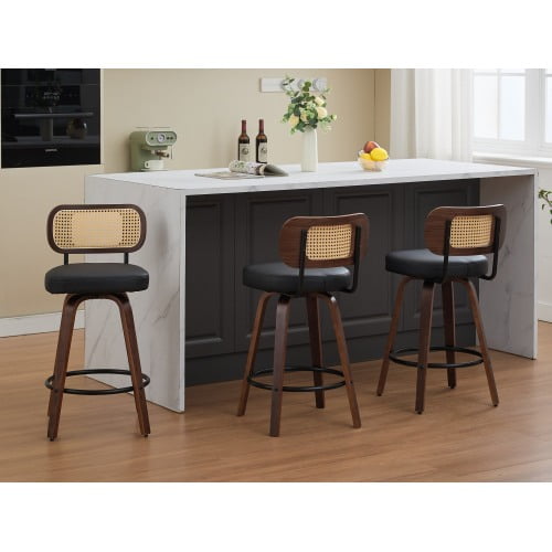 Dtwnek 3 Pcs Swivel Counter Height Bar Stools with Wood Legs, 26 inch Upholstered Seat Barstools for Kitchen/Dining Room/Bar, Black