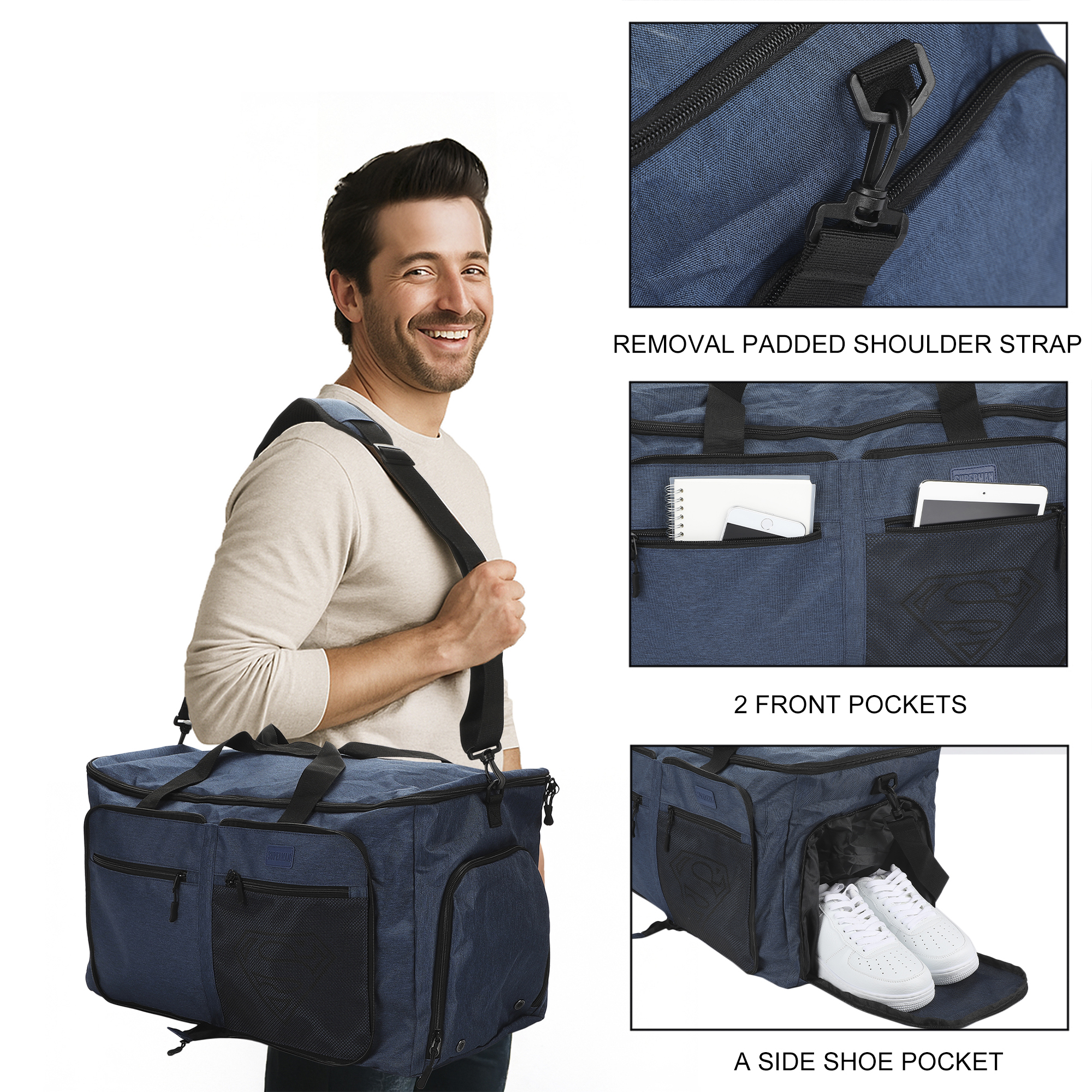 Superman Logo Blue 24" Packable Travel Duffle Bag with Shoe Compartment, Removable Shoulder Strap & Front Storage Pockets
