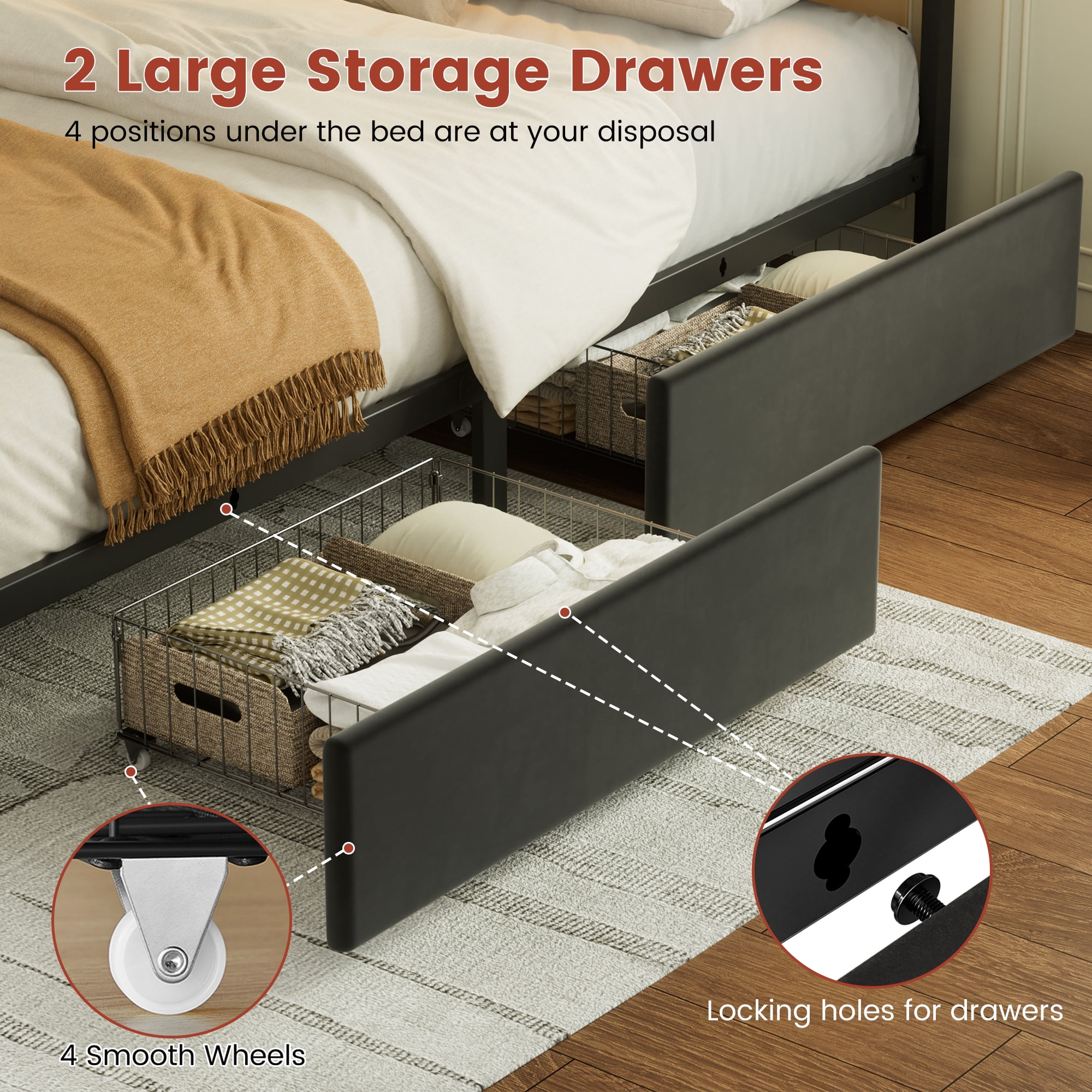 GUNAITO Queen Bed Frame with Headboard, Platform Bed with 2 Drawers, Velvet Upholstered Bed Frame with LED Lights & Charging station，Black