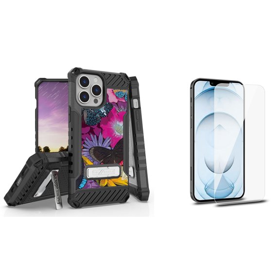 Bemz iPhone 13 Pro Max Bundle: Tri Shield Shockproof Armor Rugged Case (Violet Flowers Butterflies), Premium Glass Screen Protectors (2-Pack)