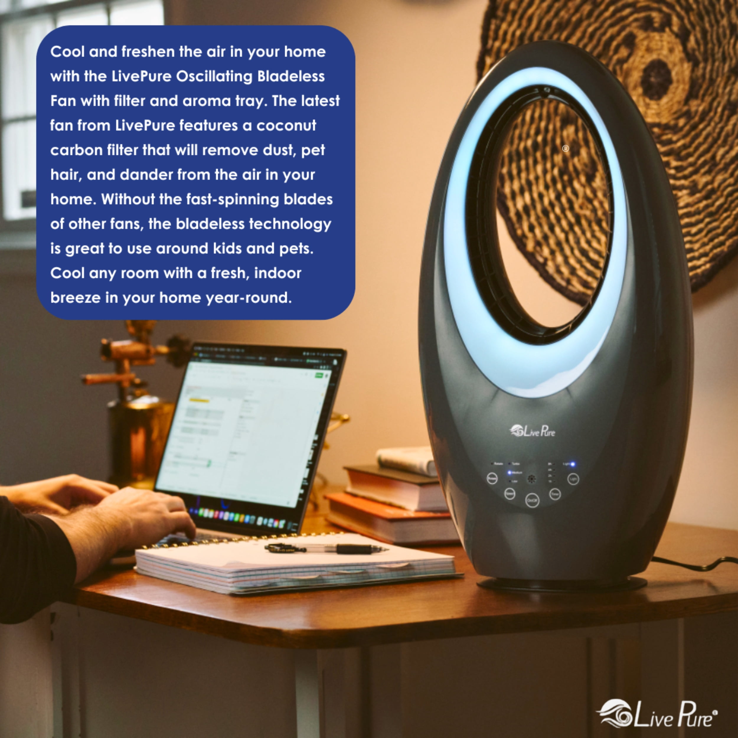 LivePure Bladeless Oscillating Fan w/Filter and Aroma Tray. 3-Speed Adjustment, Touch Control, Quiet Cooling, Stand Up Fan for Bedroom, Office, Kitchen, Black